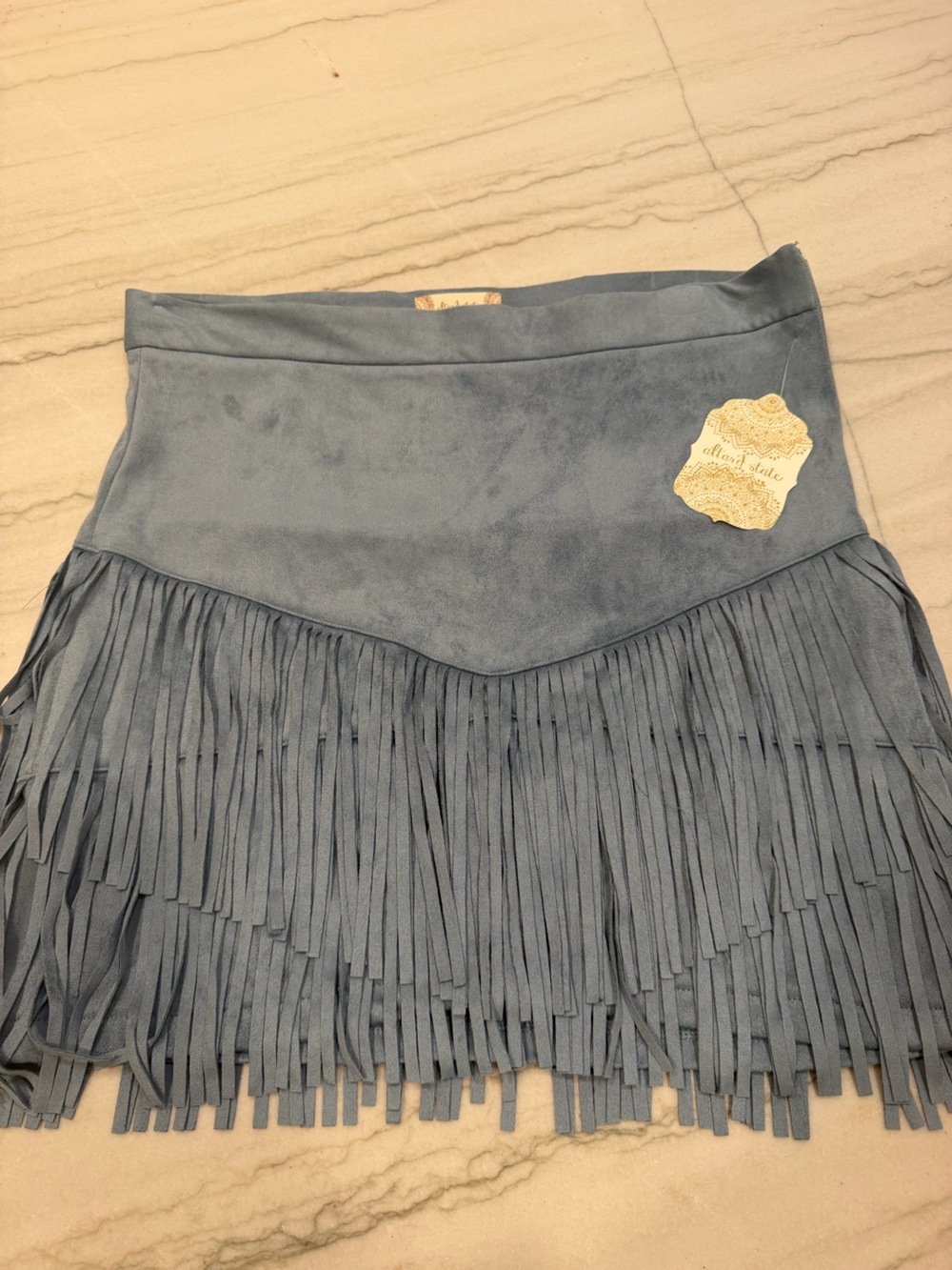 Altar'd State Slate Blue Suede Fringe A-Line Skirt